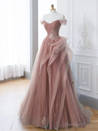 Pink A Line Off Shoulder Long Prom Dress Lace Prom Dresses