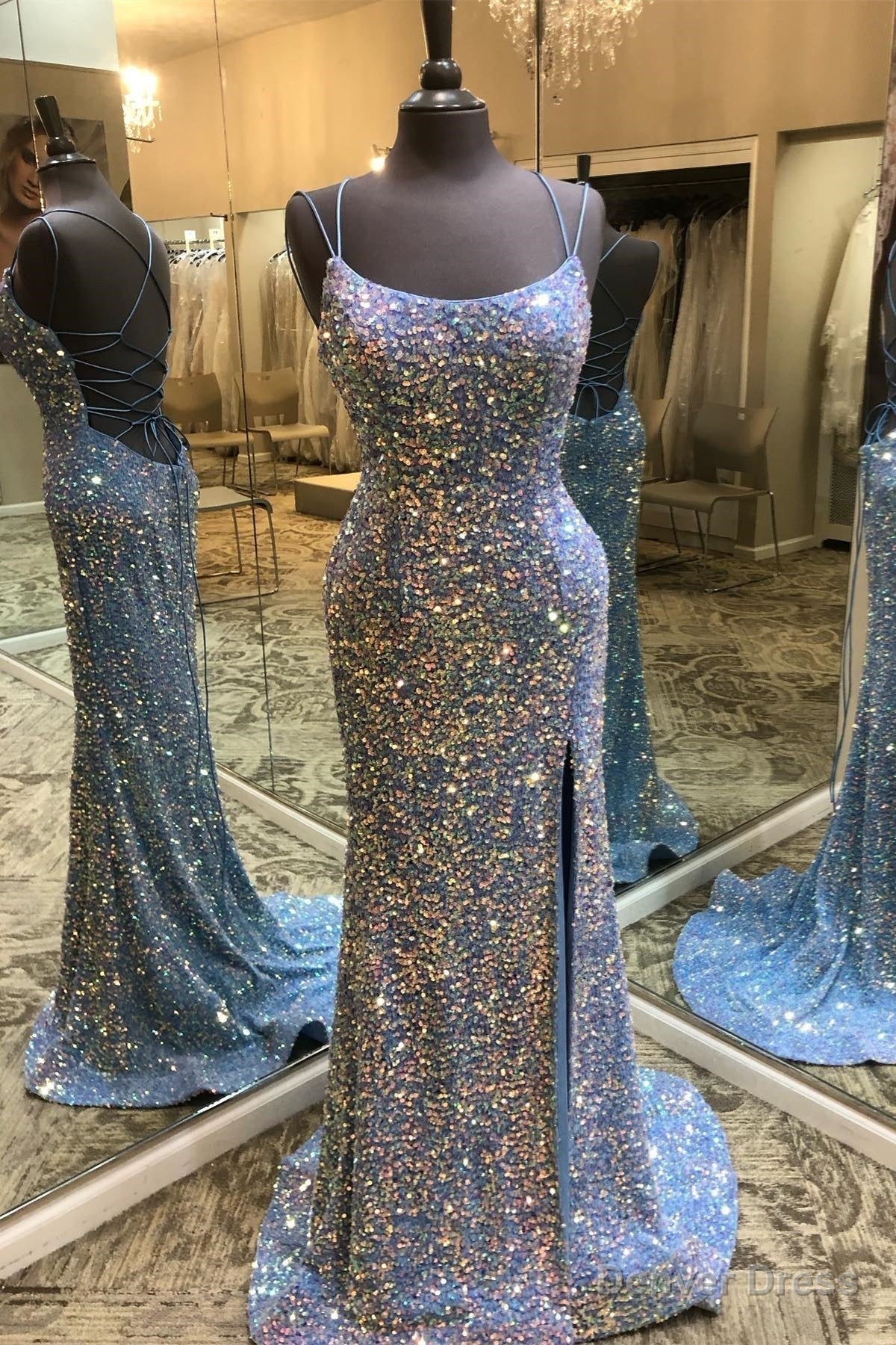 Blue Double Straps Lace Up Sequins Long Prom Dresses with Slit