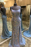 Blue Double Straps Lace Up Sequins Long Prom Dresses with Slit