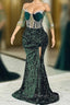 Jewel Mermaid Lace Applique Sequined Floor-length Half Sleeves High Split Prom Dresses