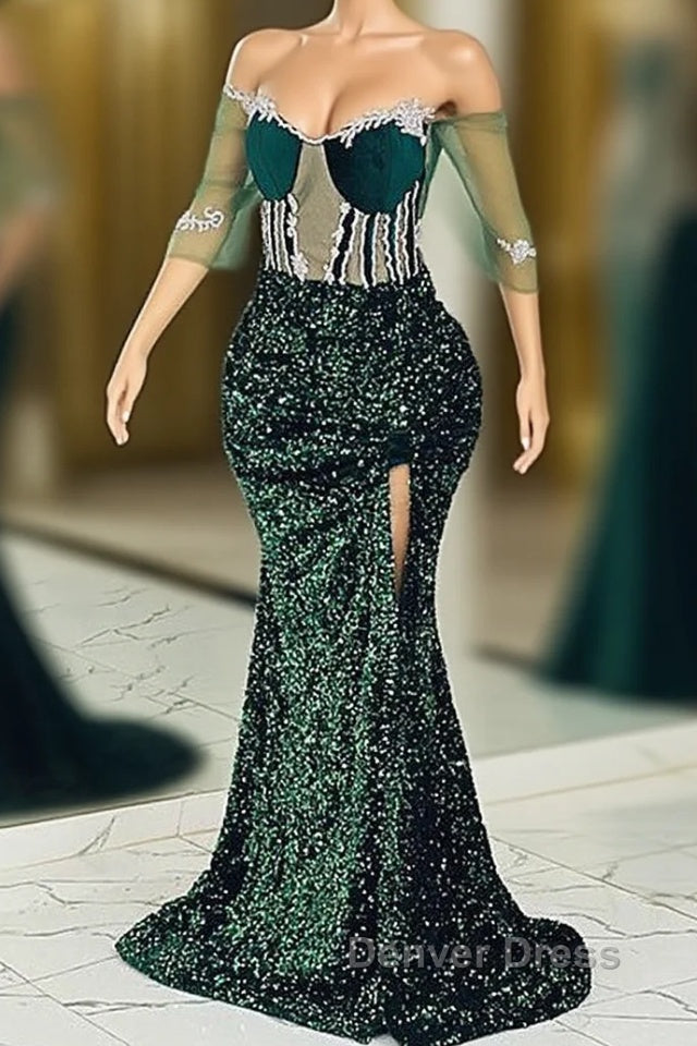 Jewel Mermaid Lace Applique Sequined Floor Length Half Sleeves High Split Prom Dresses Main image