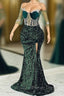 Jewel Mermaid Lace Applique Sequined Floor Length Half Sleeves High Split Prom Dresses
