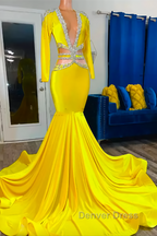 Jewel Mermaid Lace Sequined Beaded Floor Length Long Sleeve Prom Dresses