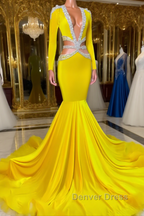 Jewel Mermaid Lace Sequined Beaded Floor Length Long Sleeve Prom Dresses