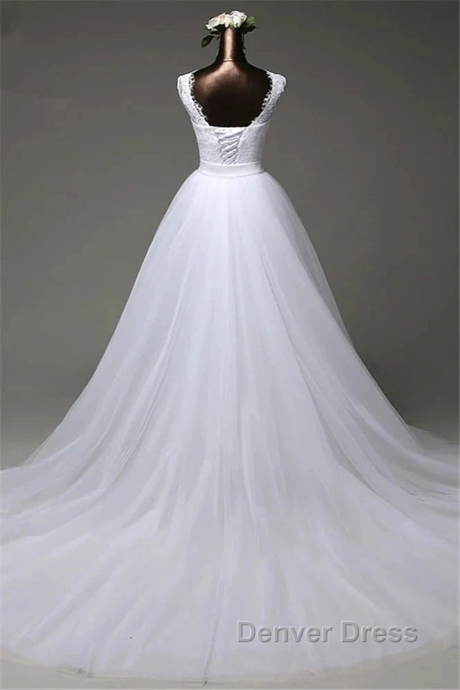 Jewel Sleeveless Lace Long Wedding Gowns With Overskirt