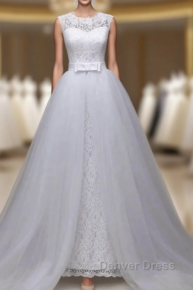 Jewel Sleeveless Lace Long Wedding Gown With Overskirt Main image