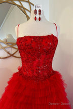 Red Beaded Prom Dresses with Slit
