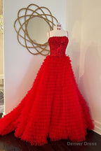 Red Beaded Prom Dresses with Slit