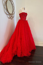 Red Beaded Prom Dresses with Slit