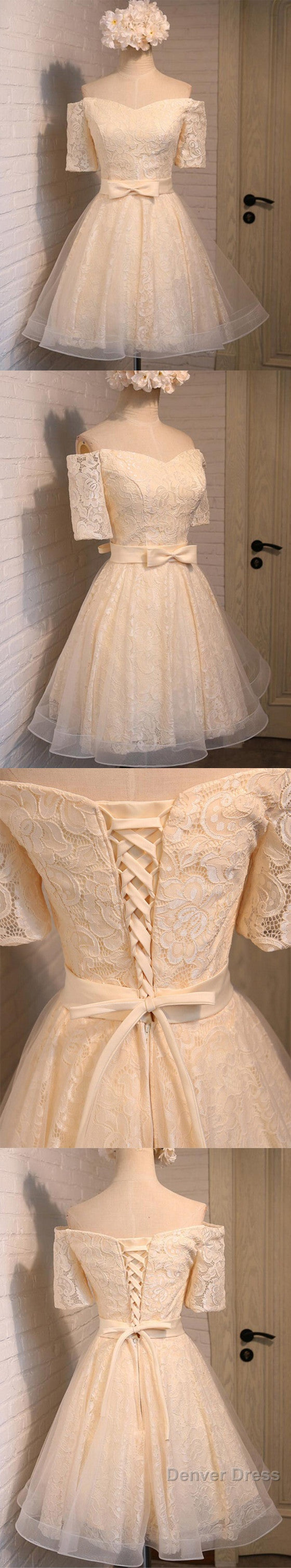 Junior Off Shoulder Half Sleeve Sweetheart Lace Up Back Organza Full Lace Knee Length Homecoming Dress