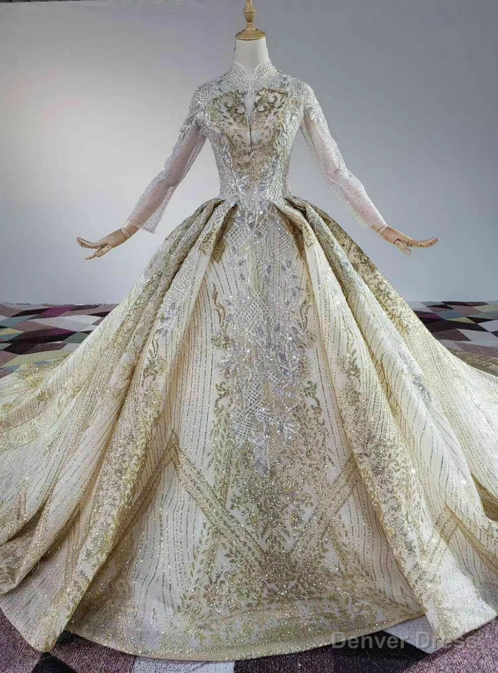 Just Be The One For You Gold Ball Gown Sequins High Neck Long Sleeve Backless Wedding Dress Main image