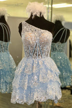 Dark Navy A Line One Shoulder Multi Layers Homecoming Dresses