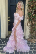 Sheath Off the Shoulder Long Lace Prom Dresses (Lace up Back)