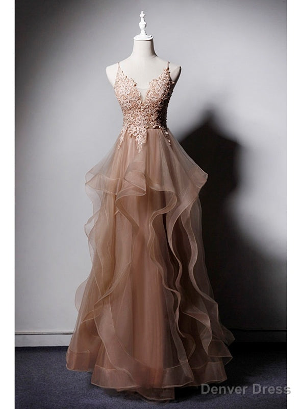 Khaki Tulle Spaghetti Straps Appliques Beading Prom Dresses Main image