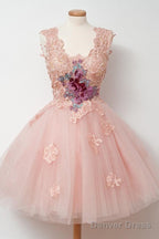 Knee Length Ball Gowns Pink Homecoming Dresses With Appliques Embroidery
