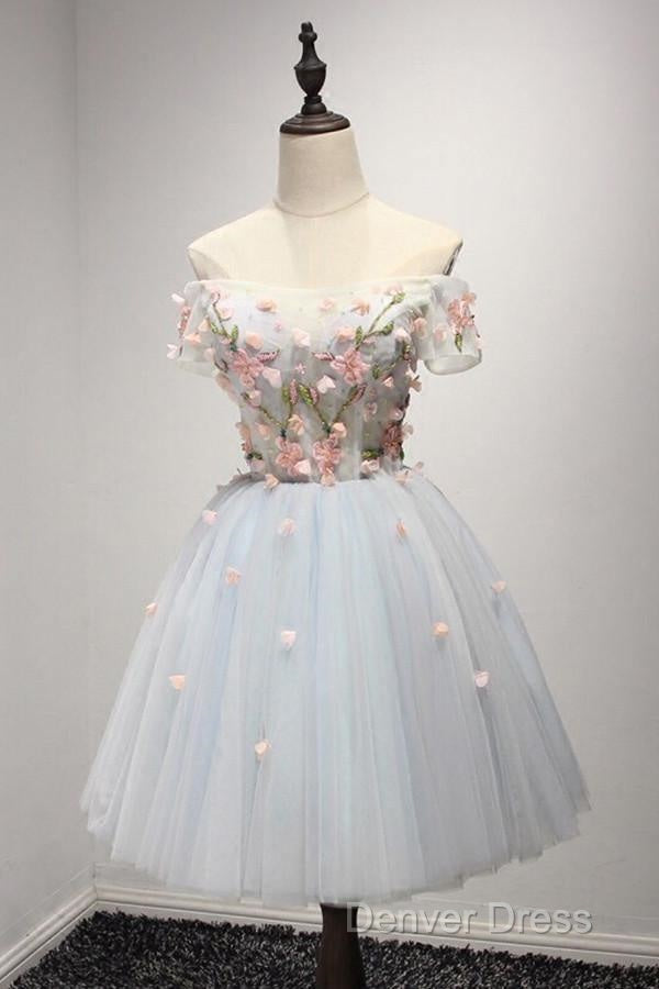 Knee Length Light Blue Tulle Homecoming Dresses With Appliques
