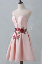 Knee Length Open Back Pink Satin Homecoming Dresses With Appliques