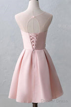 Knee Length Open Back Pink Satin Homecoming Dresses With Appliques
