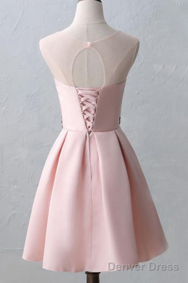 Knee Length Open Back Pink Satin Homecoming Dresses With Appliques