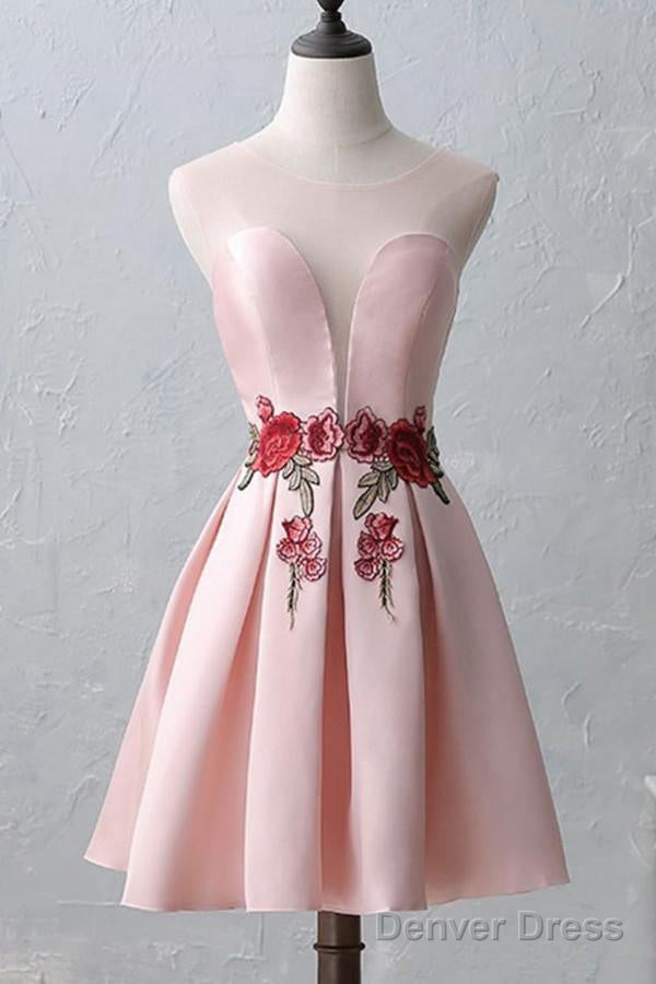 Knee Length Open Back Pink Satin Homecoming Dresses With Appliques Main image