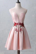 Knee Length Open Back Pink Satin Homecoming Dresses With Appliques