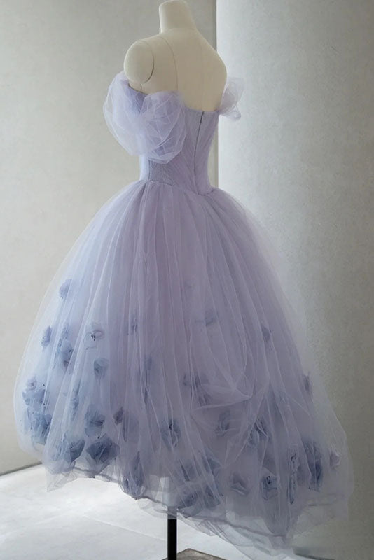 Lavender Off The Shoulder Tulle Homecoming Dress, Hi Lo Dresses With Flowers Secondary image