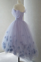 Lavender Off The Shoulder Tulle Homecoming Dress, Hi Lo Dresses With Flowers