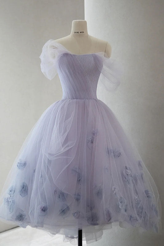 Lavender Off The Shoulder Tulle Homecoming Dress, Hi Lo Dresses With Flowers Main image