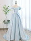 Blue Satin Tulle Long Prom Dress, Off Shoulder Formal Evening Dress