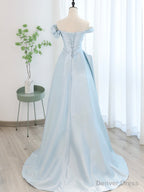 Blue Satin Tulle Long Prom Dress, Off Shoulder Formal Evening Dress
