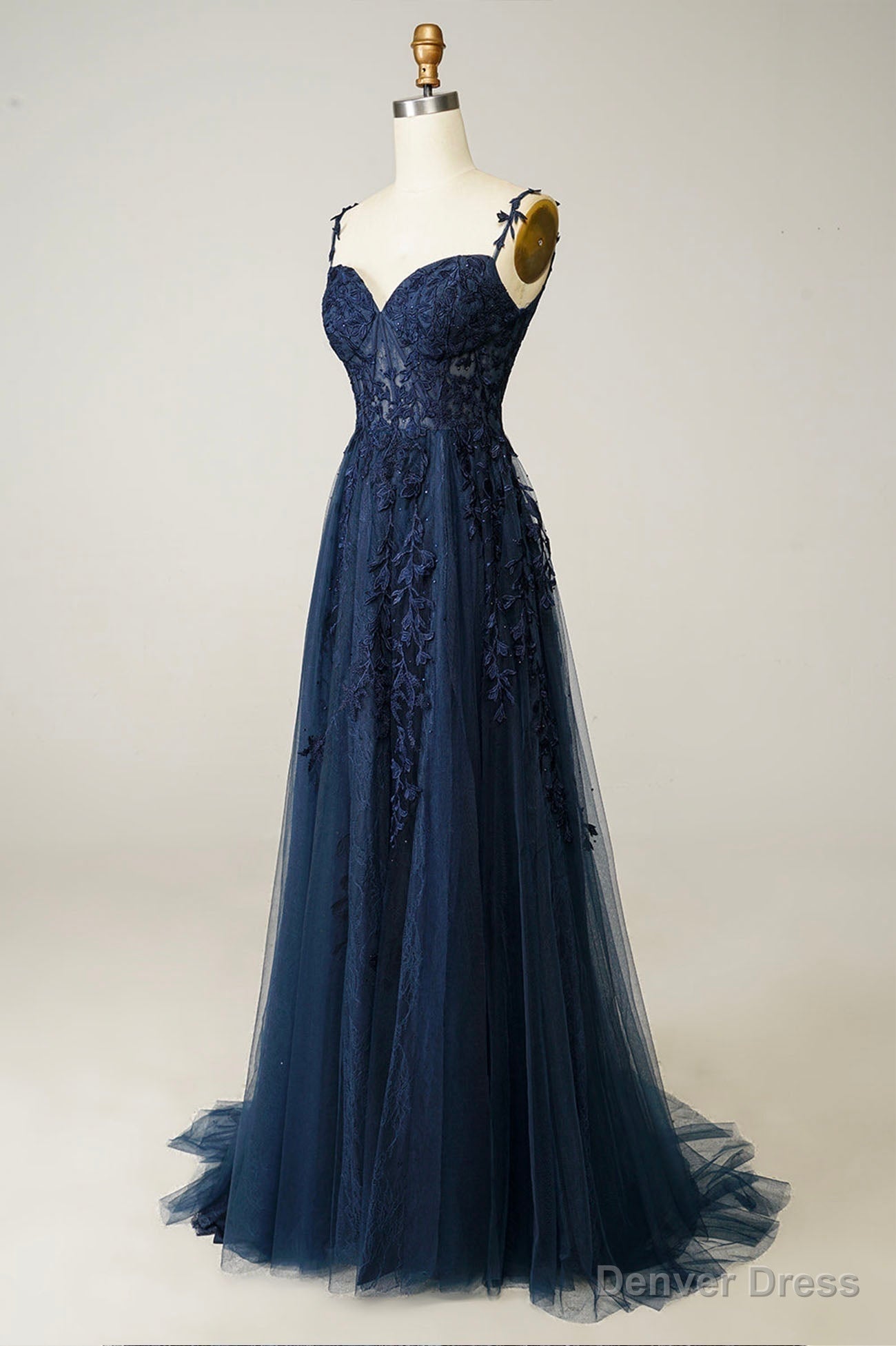Navy Tulle and Lace Long Prom Dress, Lovely Spaghetti Strap Evening Dress Main image