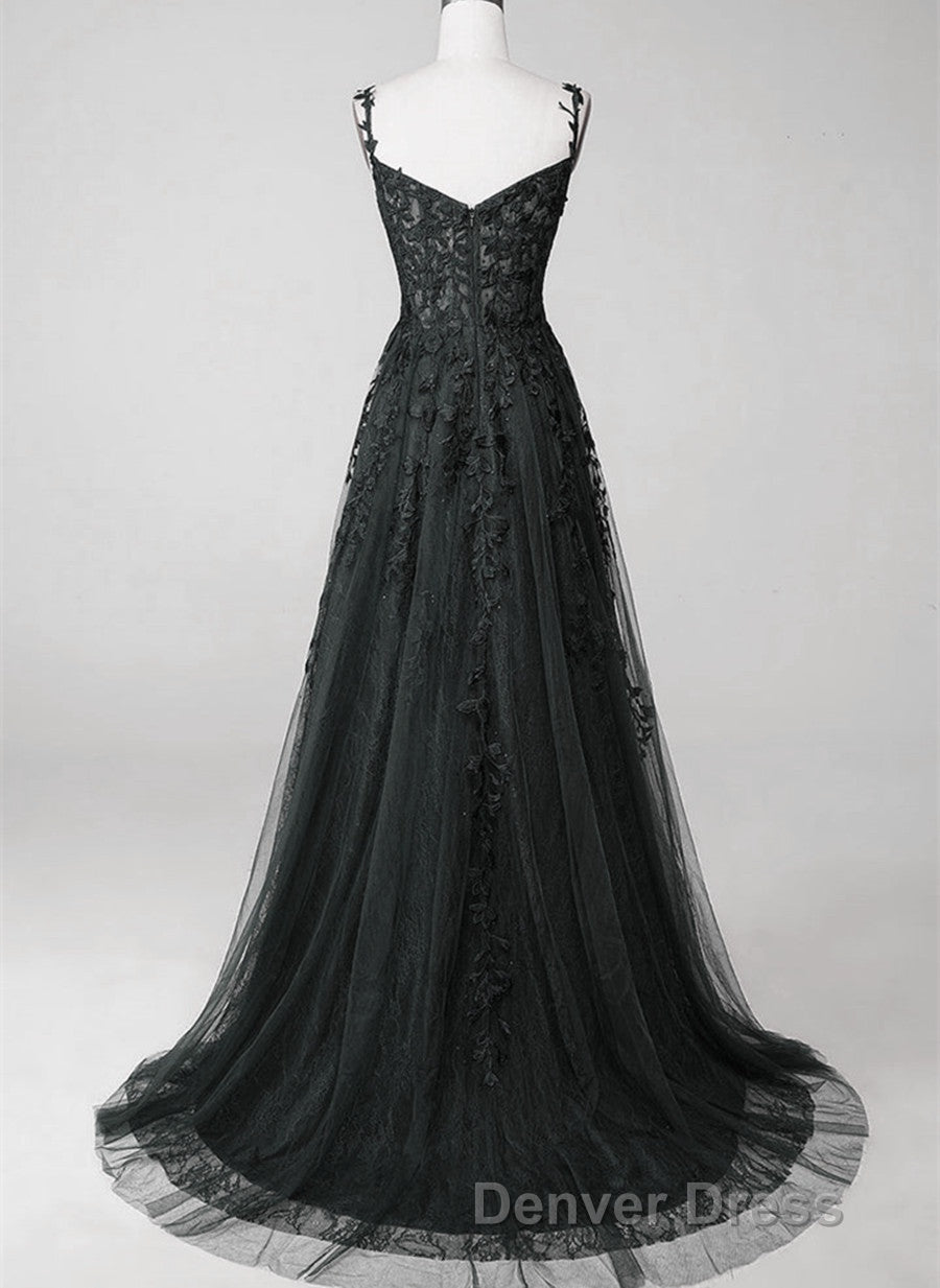 Black Sweetheart Tulle With Lace Long A-Line Prom Dresses, Black Formal Dresses Secondary image