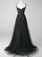 Black Sweetheart Tulle With Lace Long A-Line Prom Dresses, Black Formal Dresses