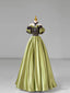 Green Satin Lace Long Prom Dress, Beautiful A-Line Evening Dress with Bow