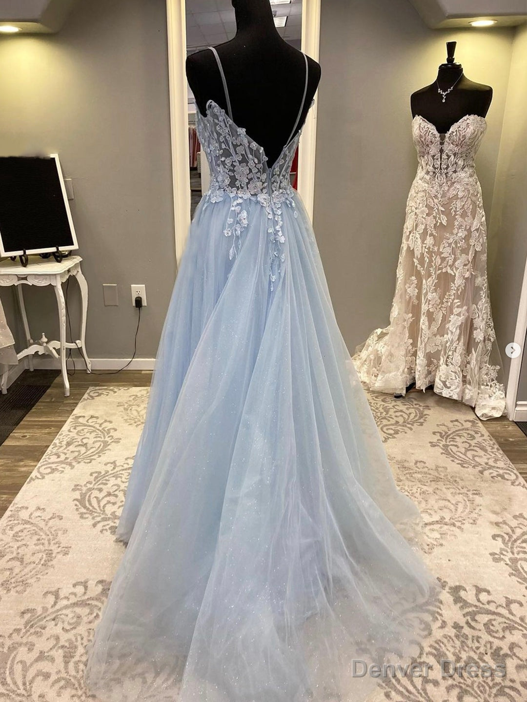 Blue Spaghetti Strap Tulle Long Prom Dress with Lace, A-Line Evening Party Dress Secondary image