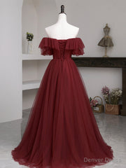 Burgundy Tulle Floor Length Prom Dress, Simple A-Line Evening Party Dress