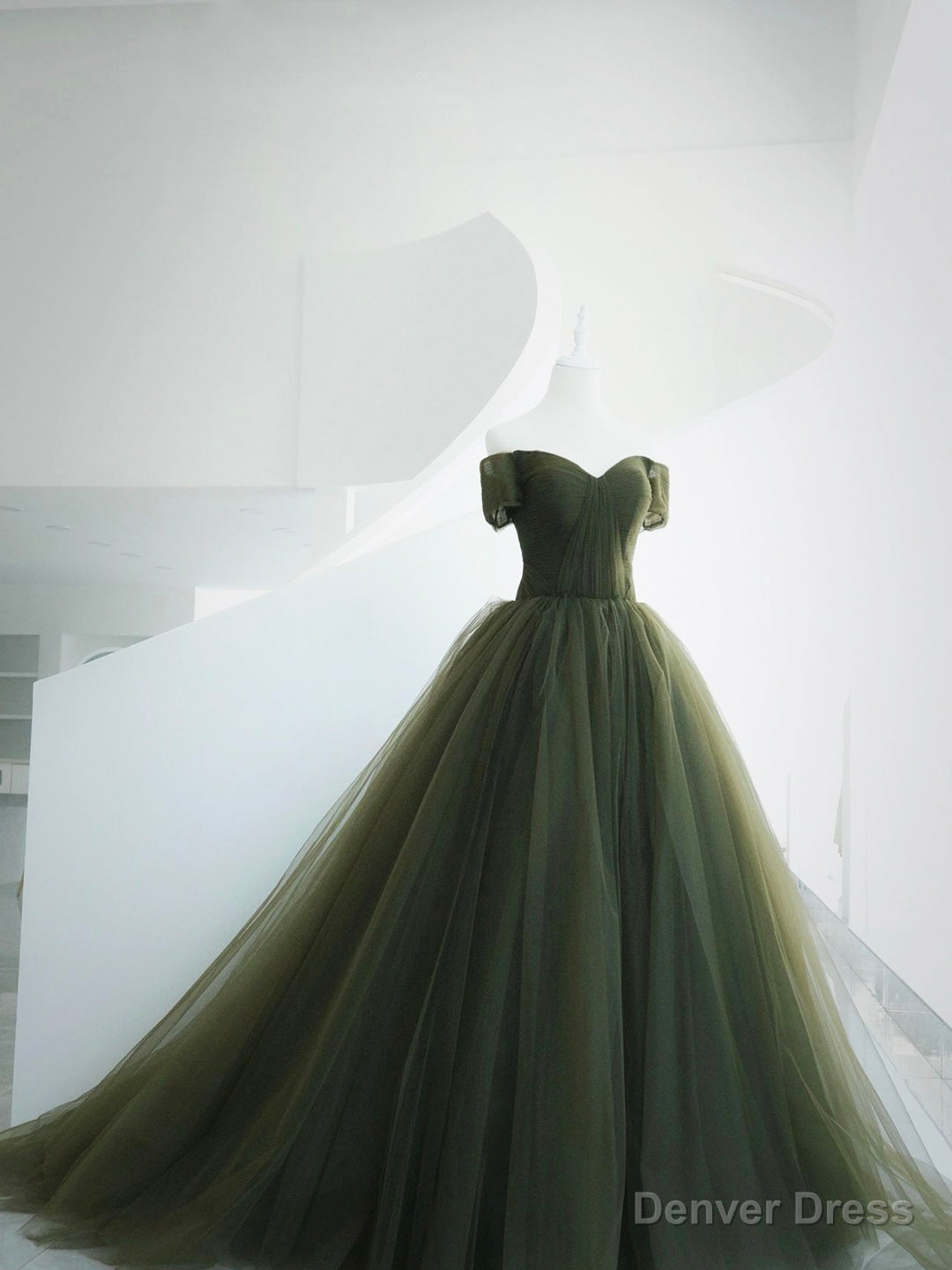 Green Tulle Long Prom Dress, A-Line Off Shoulder Evening Dress Main image