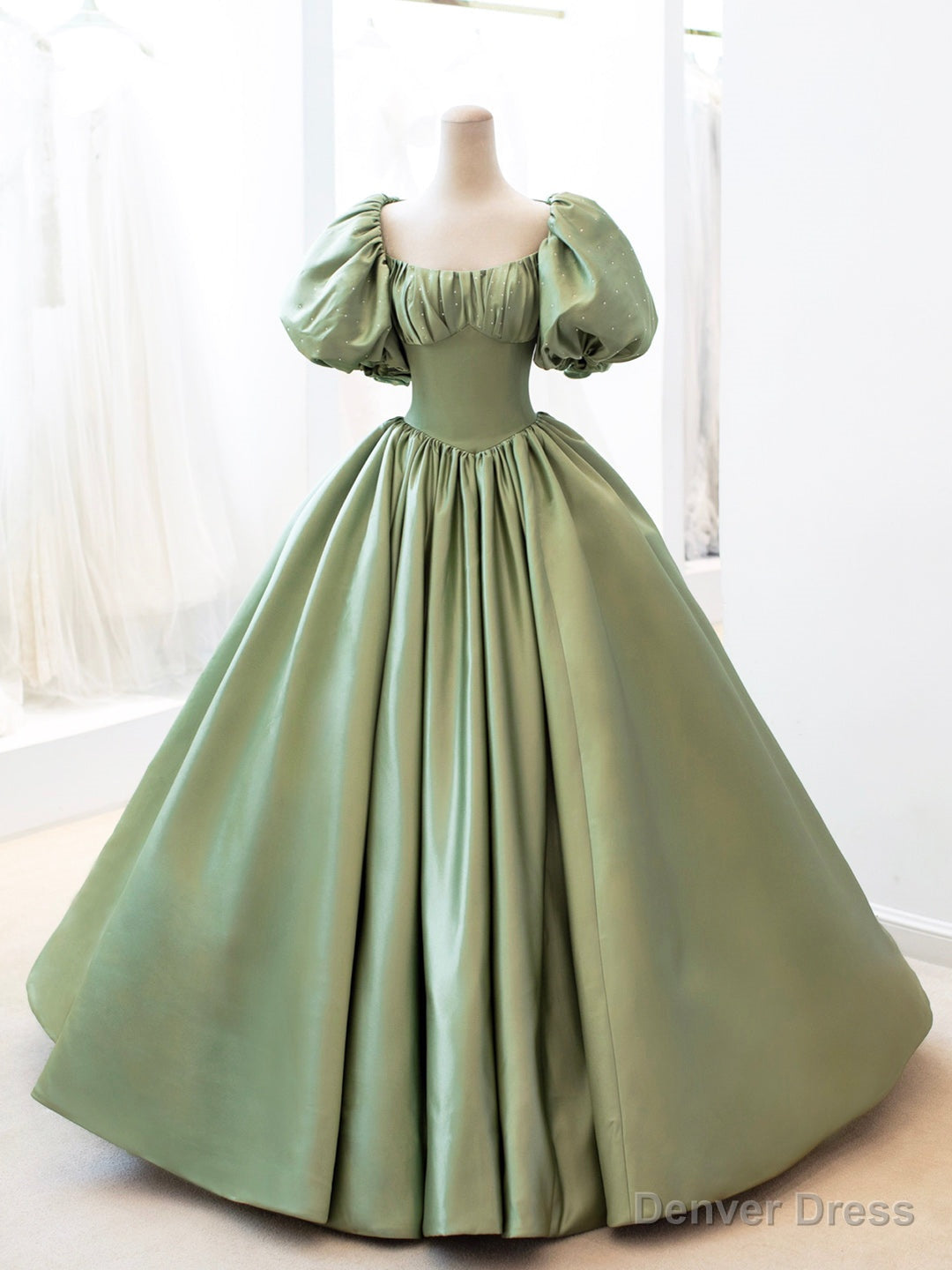Green Satin Formal Evening Gown with  Puff Sleeve, A-Line Long Prom Dress Main image