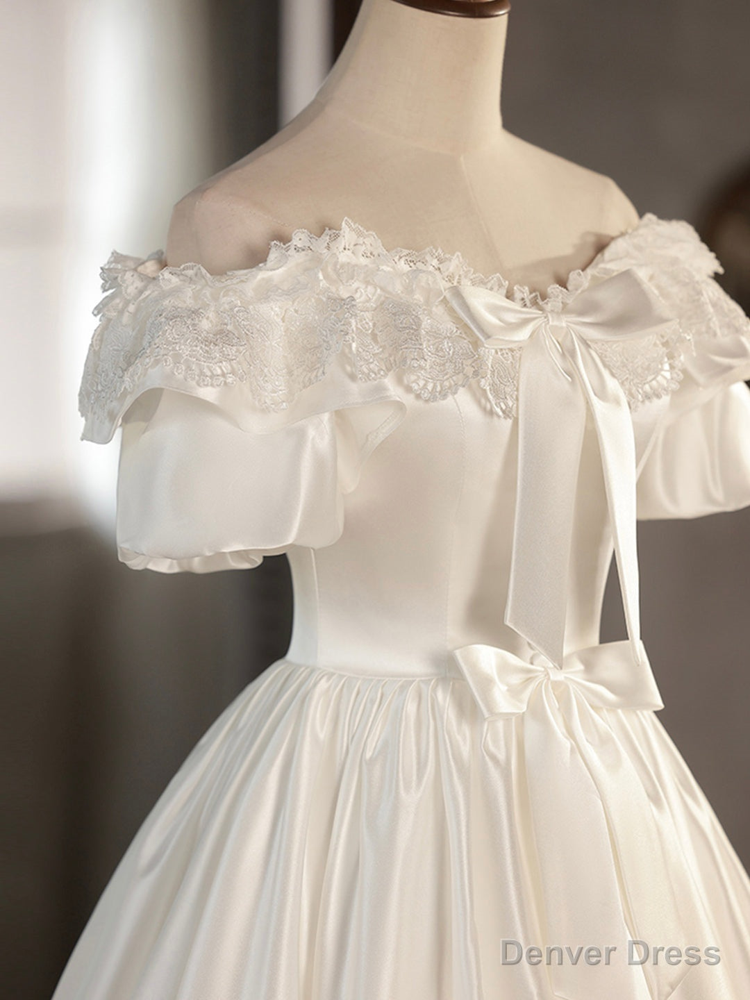 White Satin Lace Short Prom Dress, Off Shoulder Prom Dress, Wedding Dresses
