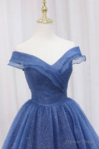 Blue Off the Shoulder Long Party Dress Evening Gown, Blue Junior Prom Dress