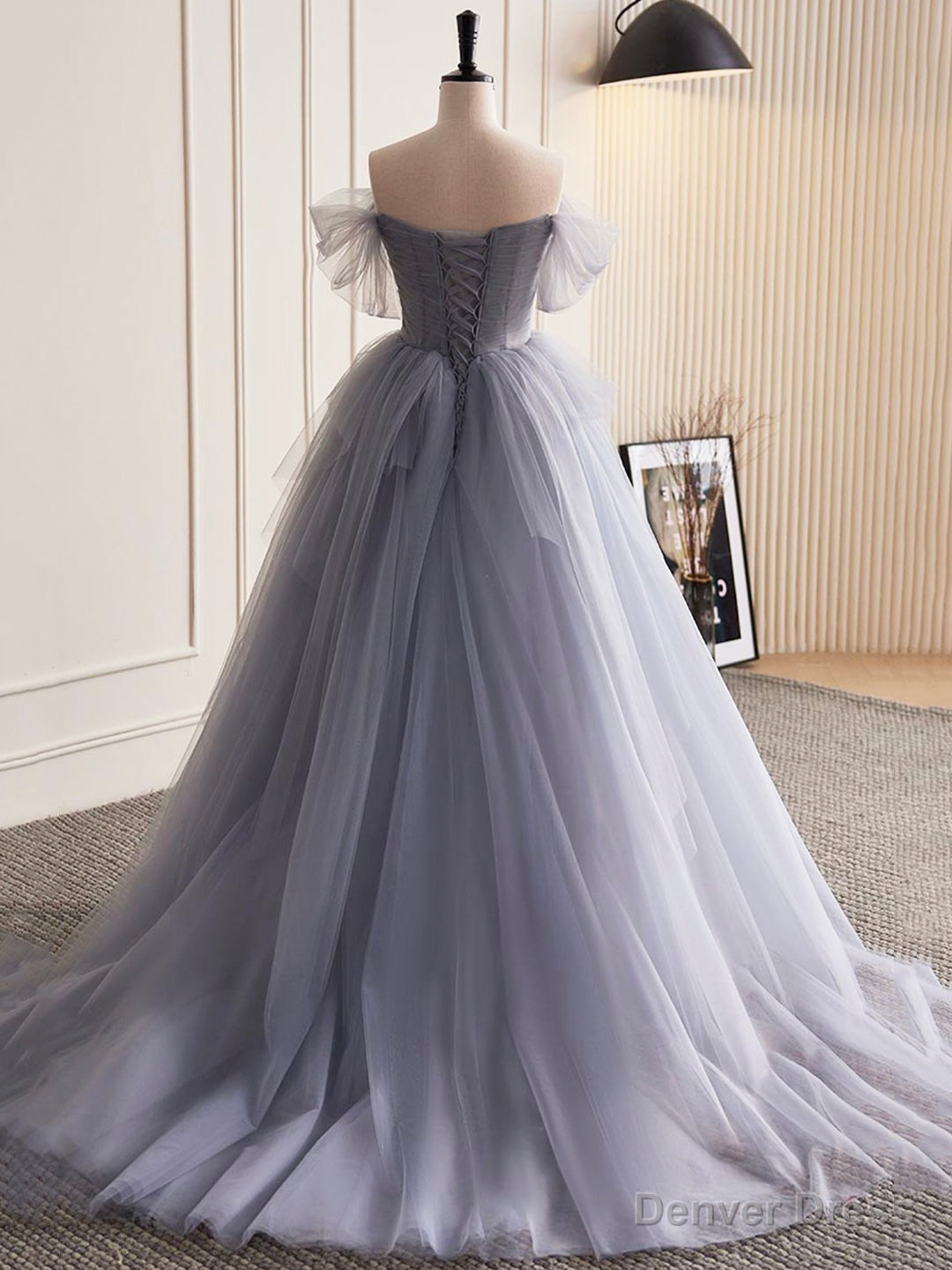 Gray Tulle Long A-Line Prom Dress, Off Shoulder Evening Dress Party Dress Secondary image