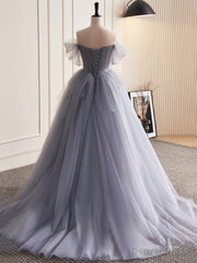 Gray Tulle Long A-Line Prom Dress, Off Shoulder Evening Dress Party Dress