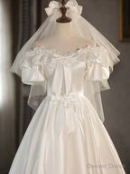 White Satin Lace Short Prom Dress, Off Shoulder Prom Dress, Wedding Dresses
