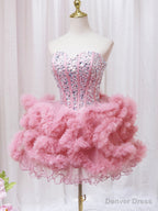 Pink Sweetheart Neckline Tulle Short Prom Dress with Rhinestones, Cute Party Dress
