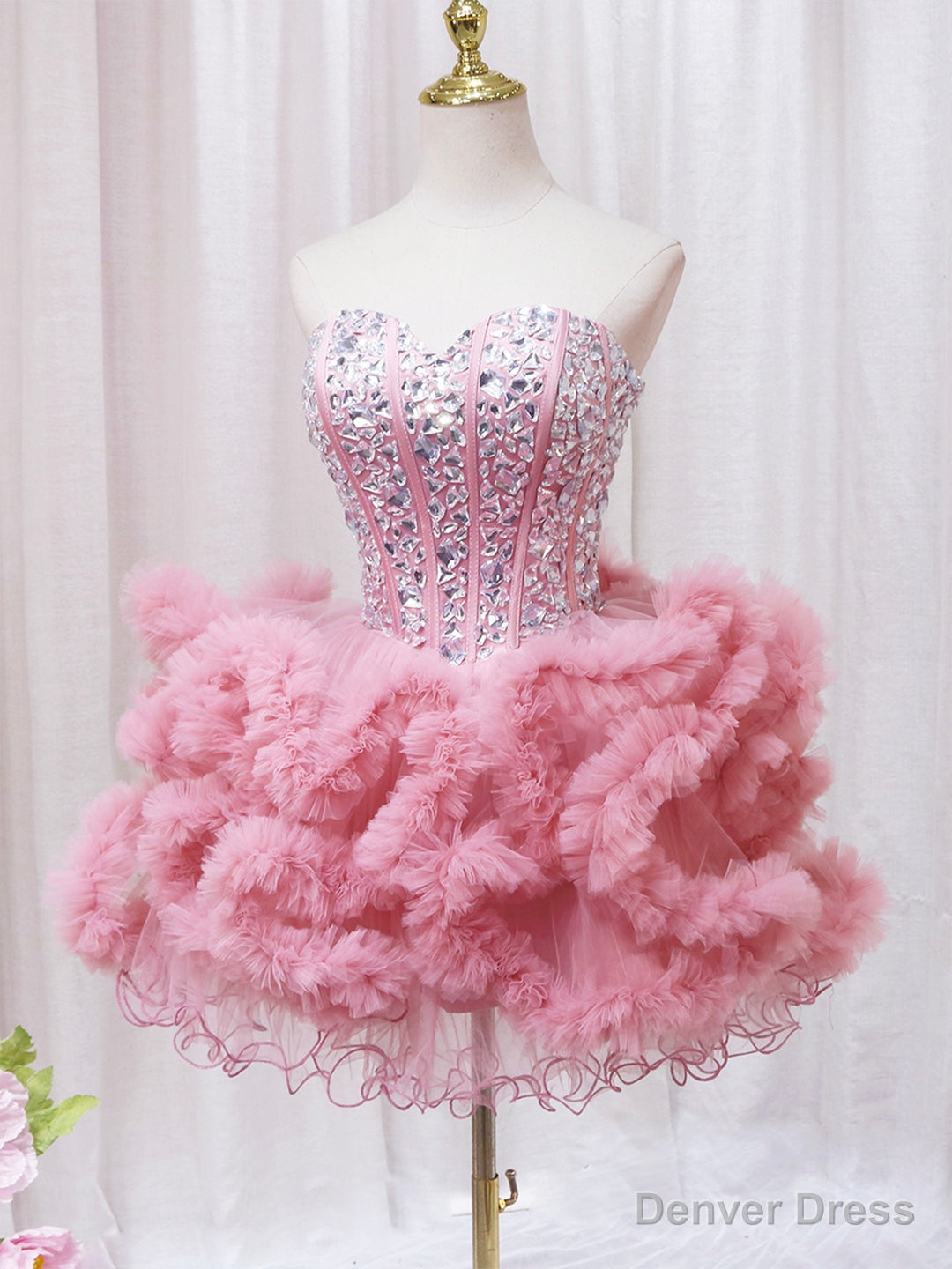 Pink Sweetheart Neckline Tulle Short Prom Dress with Rhinestones, Cute Party Dress