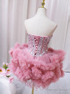 Pink Sweetheart Neckline Tulle Short Prom Dress with Rhinestones, Cute Party Dress