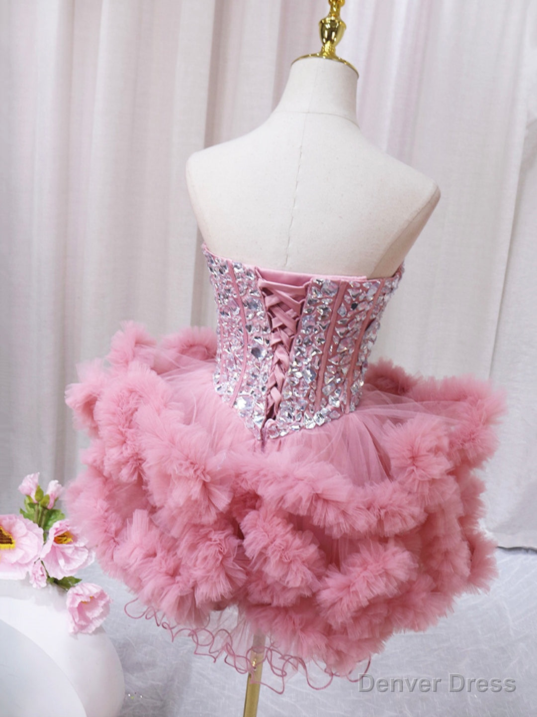 Pink Sweetheart Neckline Tulle Short Prom Dress with Rhinestones, Cute Party Dress