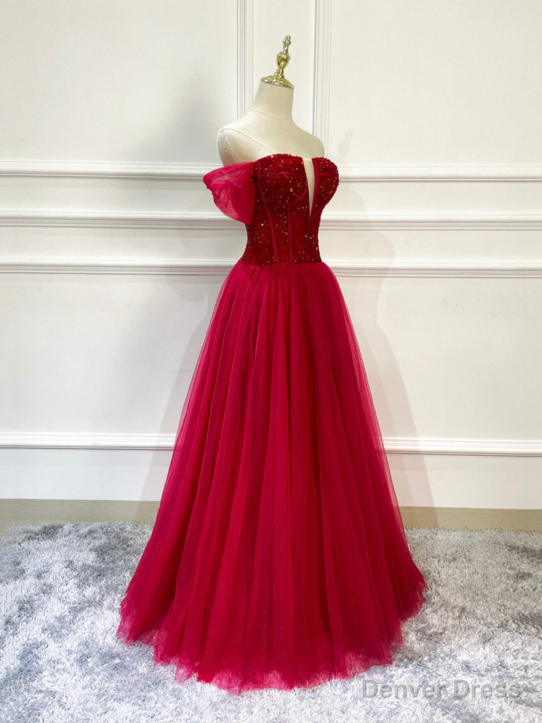 Burgundy Tulle Beaded Long Formal Dress, Off Shoulder Evening Party Dress Secondary image