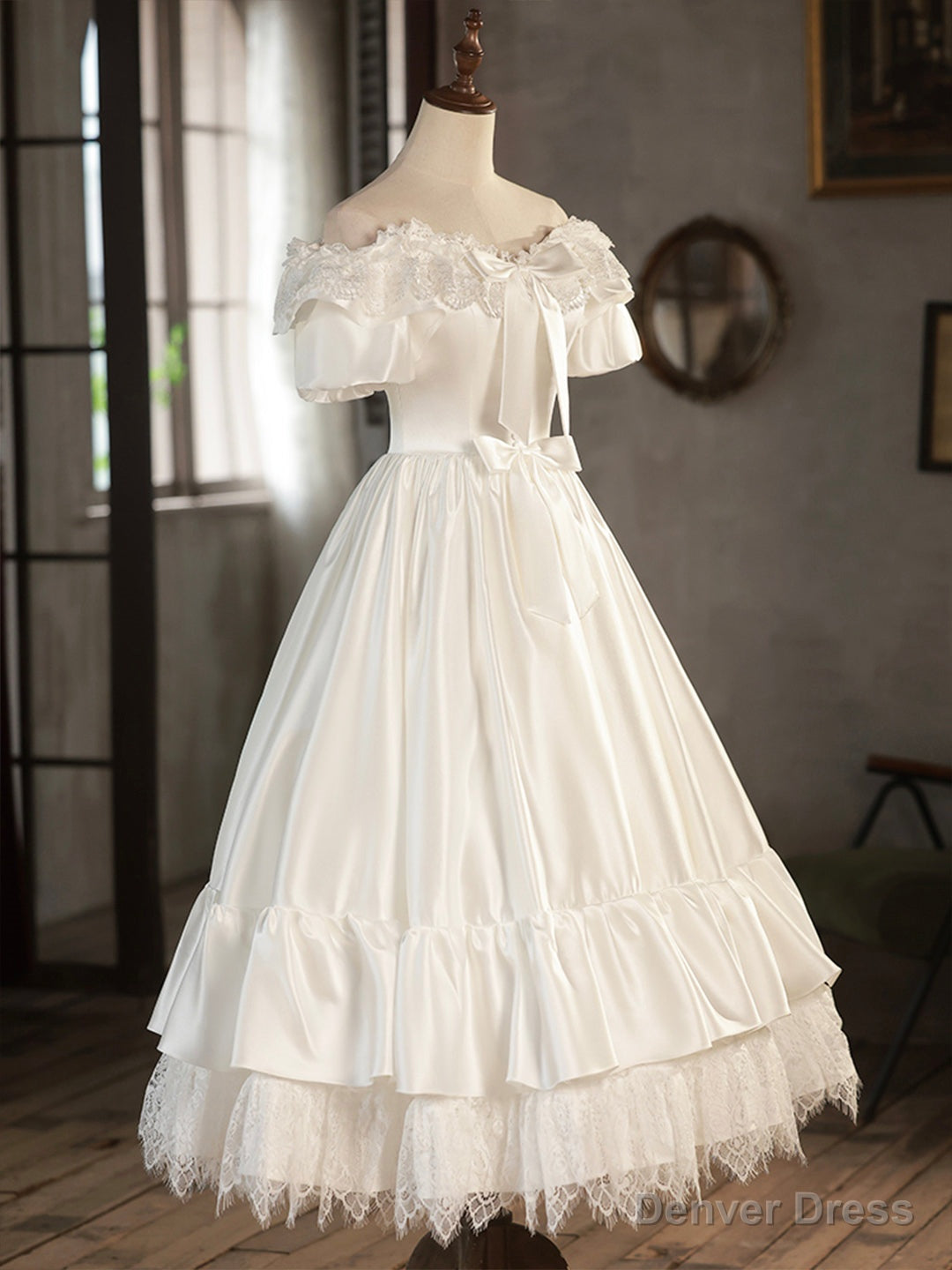 White Satin Lace Short Prom Dress, Off Shoulder Prom Dress, Wedding Dresses Secondary image