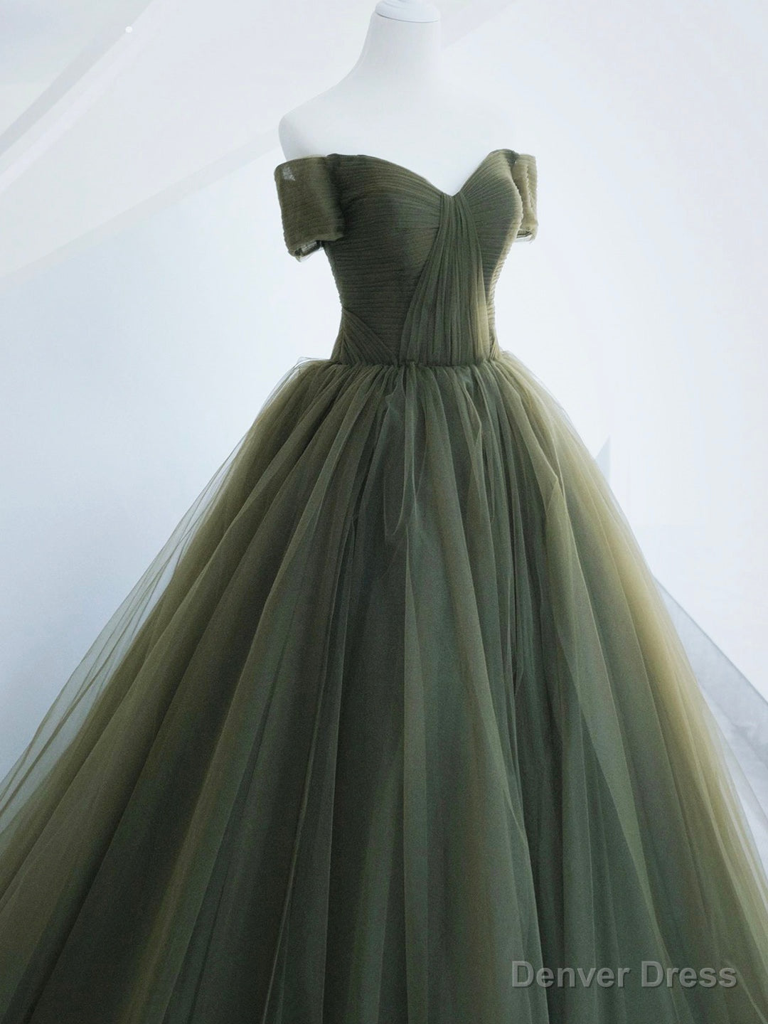 Green Tulle Long Prom Dress, A-Line Off Shoulder Evening Dress